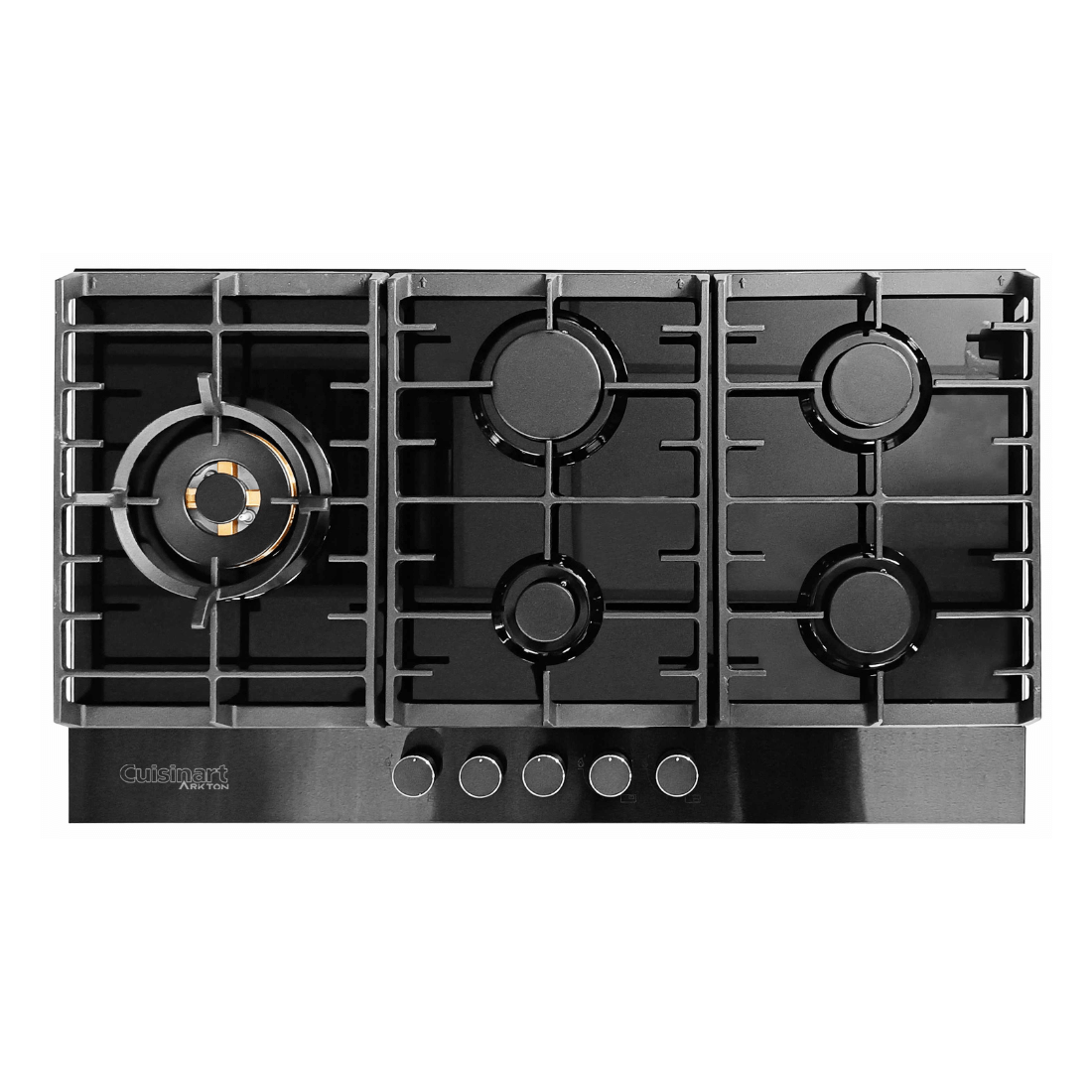 Cooktop a gás Cuisinart Arkton 5 queimadores, design moderno em vidro preto e inox, com trempes em ferro fundido.